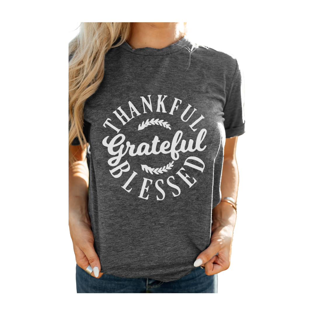 THANKFUL GRATEFUL BLESSED Graphic Crewneck Tee - Gray / S