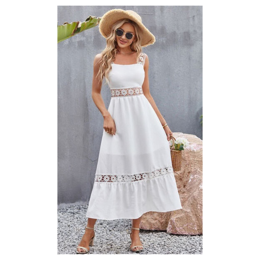 Flower Crochet Wide Strap Midi Dress