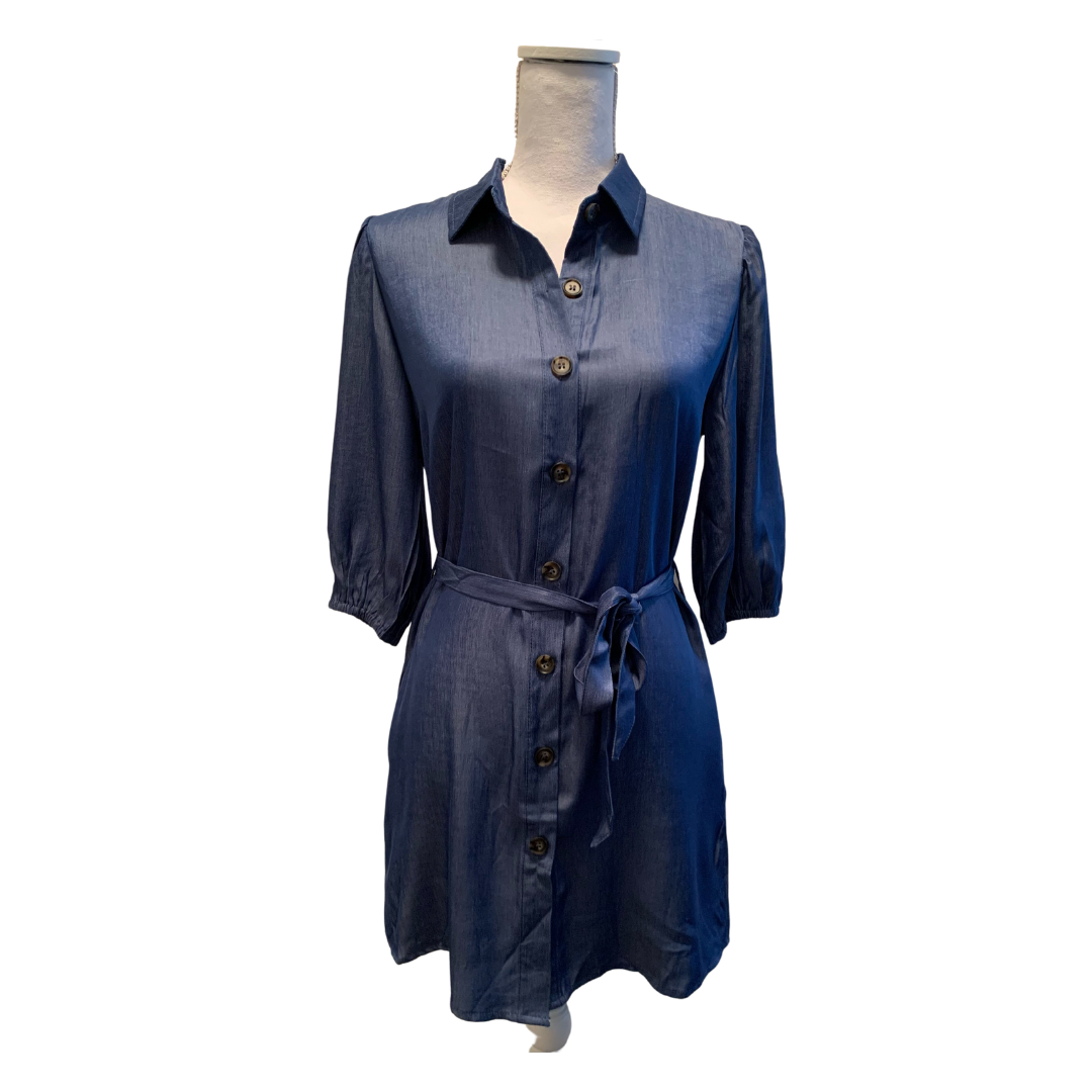 Blue Buttoned Tie Waist Denim Dress