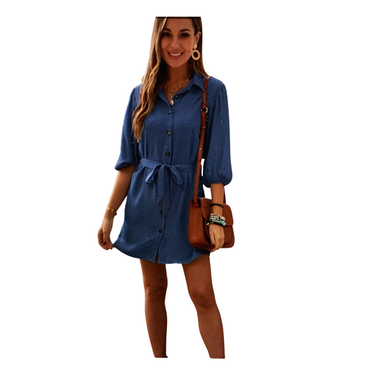 Blue Buttoned Tie Waist Denim Dress