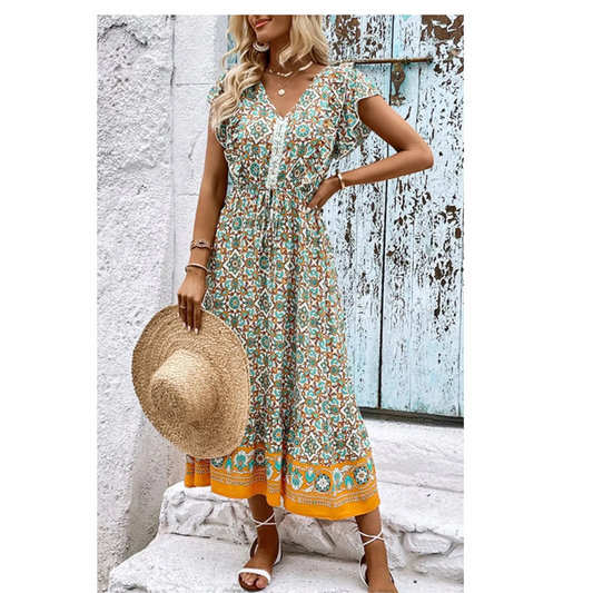 Bohemian V-Neck Flutter Sleeve Dress