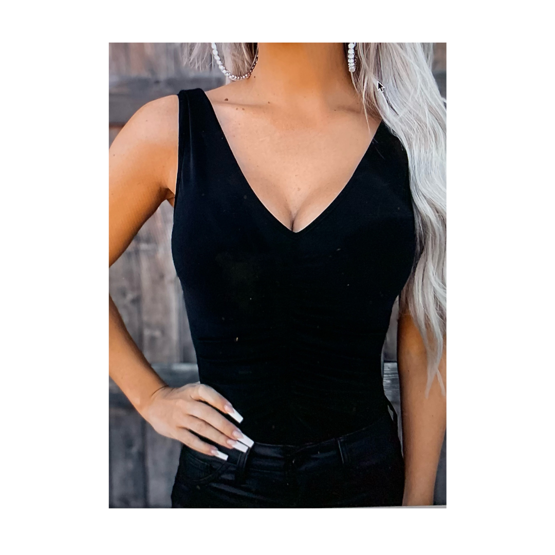 V-Neck Sleeveless Ruched Bodysuit