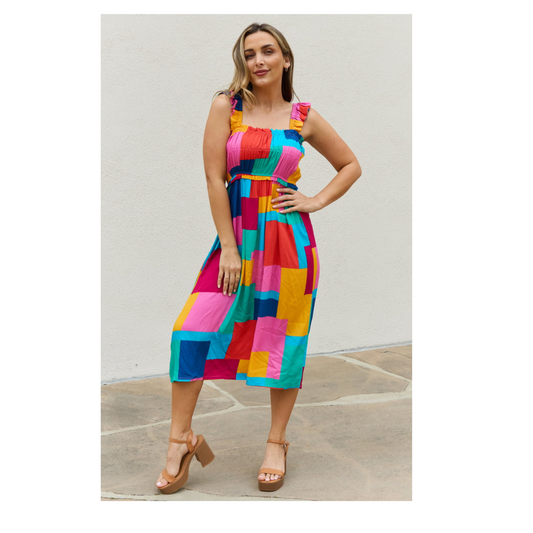 Multicolored Square Print Summer Dress