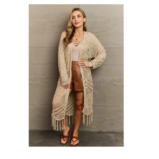 HEYSON Boho Chic Full Size Western Knit Fringe Cardigan