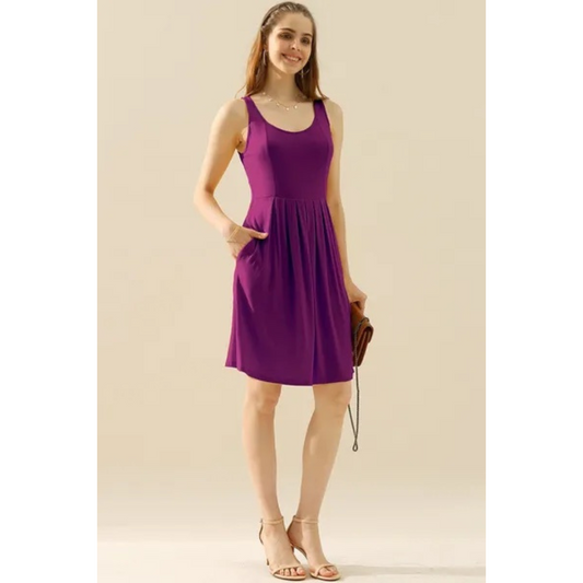 Doublju Full Size Round Neck Ruched Sleeveless Dress with Pockets