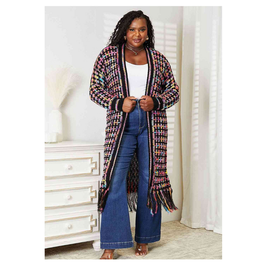 Double Take Full Size Multicolored Open Front Fringe Hem Cardigan