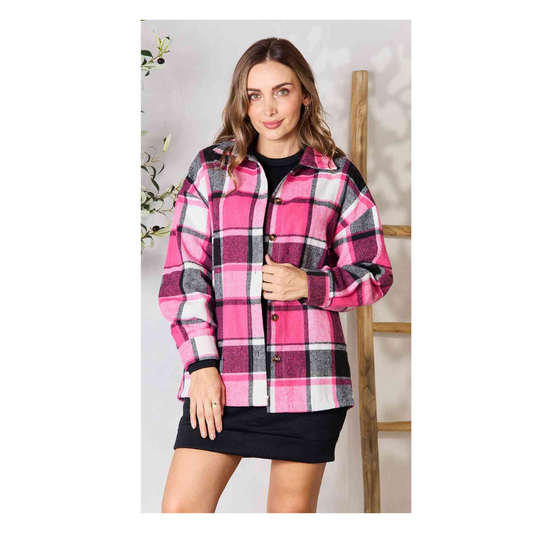 Double Take Plaid Button Up Collared Neck Jacket