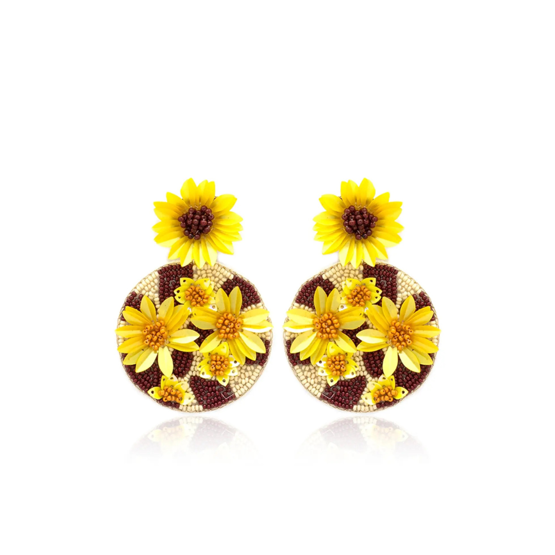 Sunflower on Disk Fabric Post Drop Earrings