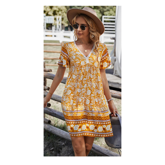 Bohemian V-Neck Short Sleeve Dress