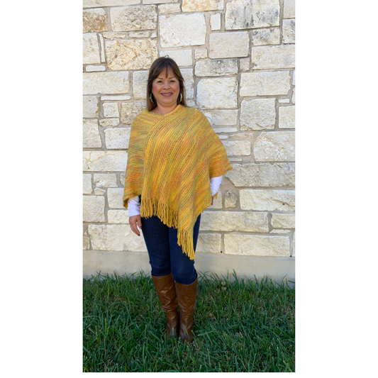 Mustard- Knitted Fringe Stripe Multi Poncho