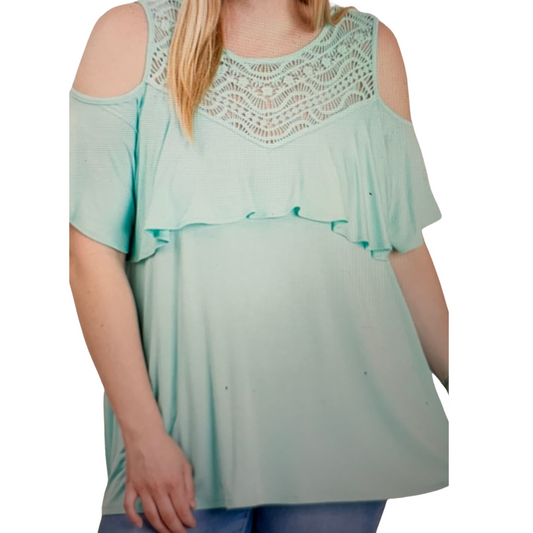 Teal Crochet Trim Ruffles Cold Shoulder Top