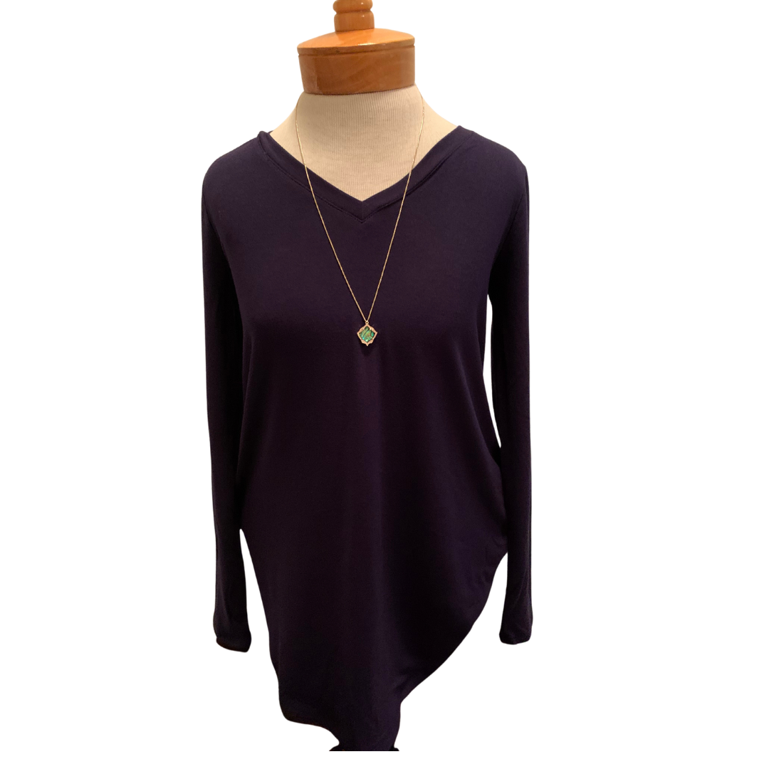 Navy Long Sleeve V-Neck Round Top