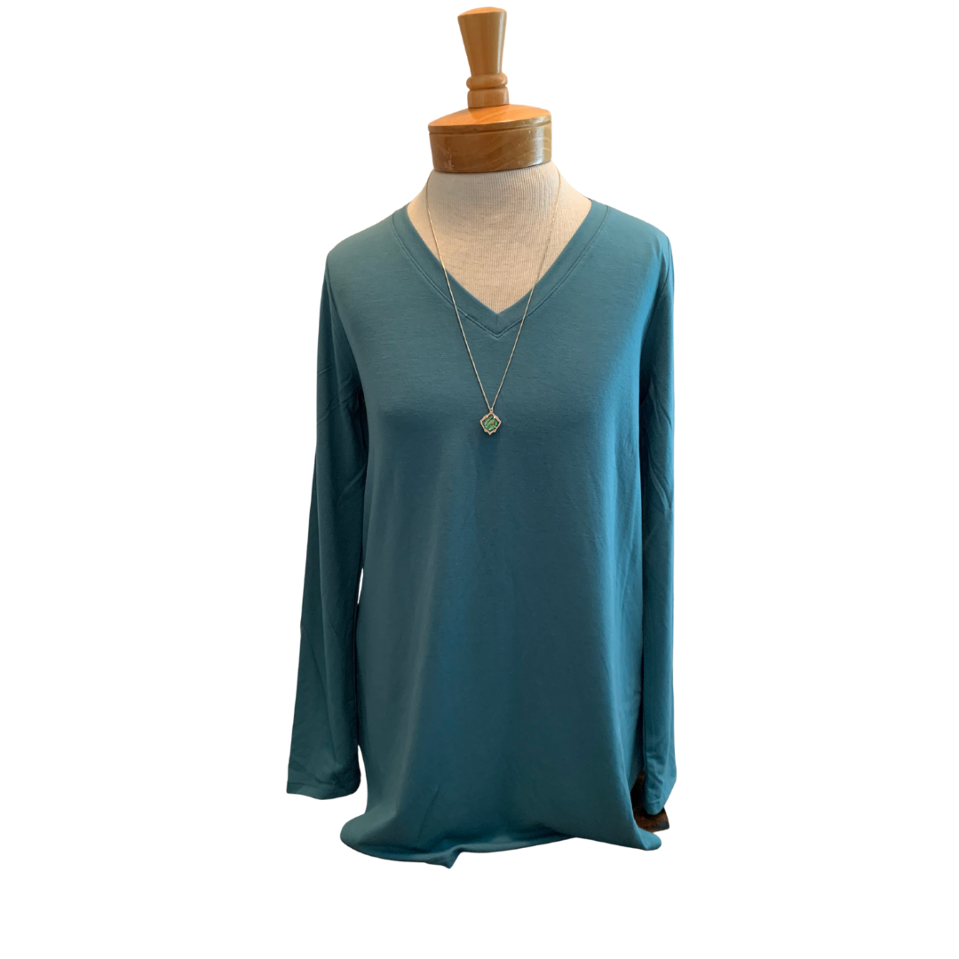 Teal Long Sleeve V-Neck Round Top