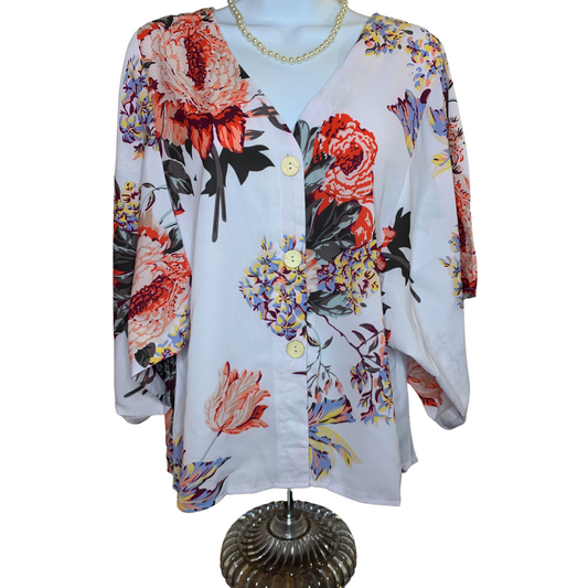 White V-Neck Floral Kimono's Top