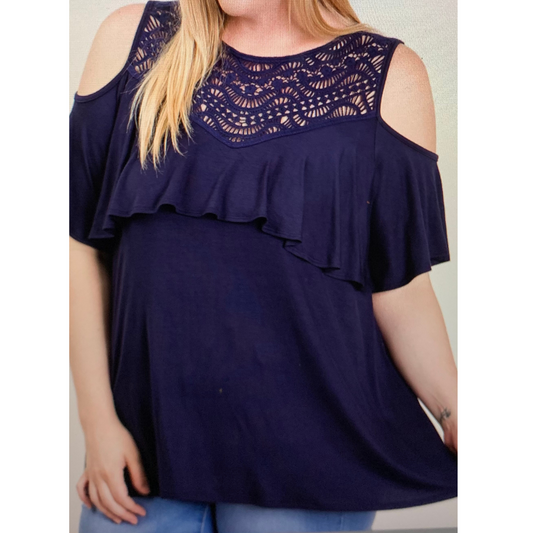 Crochet Trim Ruffles Cold Shoulder Top