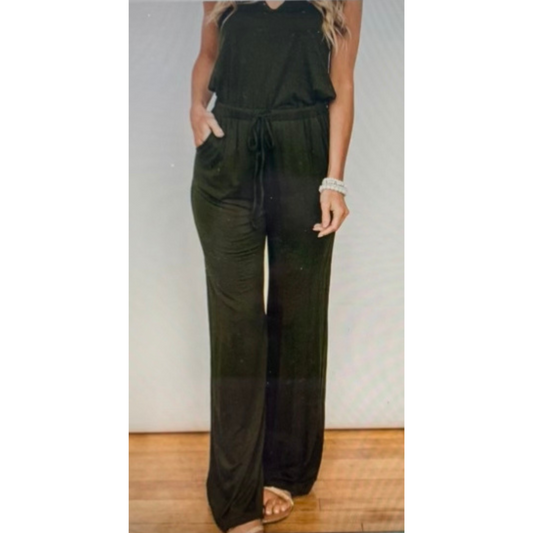 Green Split Neck Drawstring Waist Sleeveless Jumpsuit