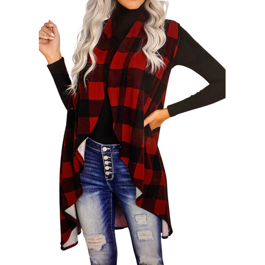 Red Plaid Asymmetric Waist Sleeveless Cardigan