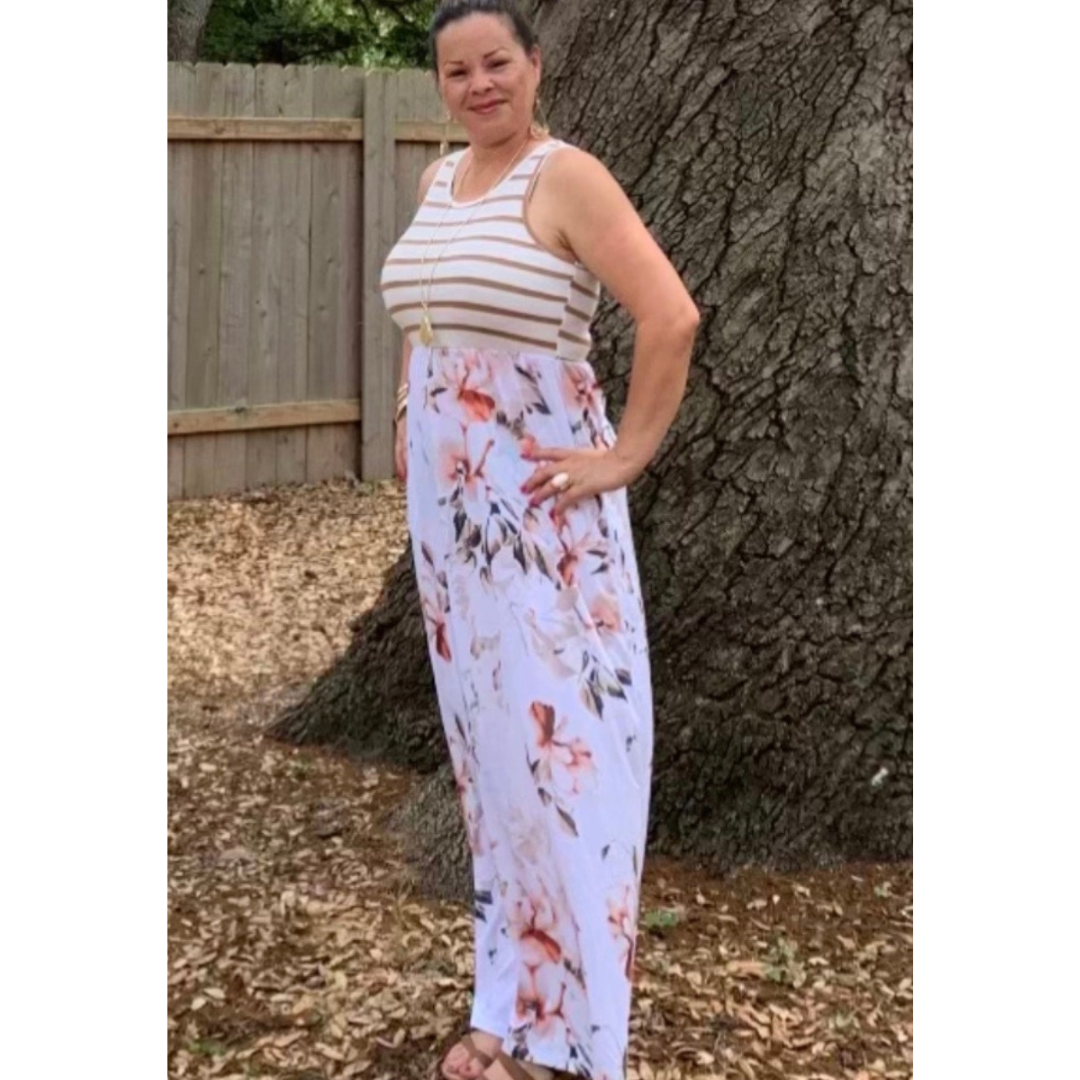 White Stripped Floral Print Pocket Maxi Dress